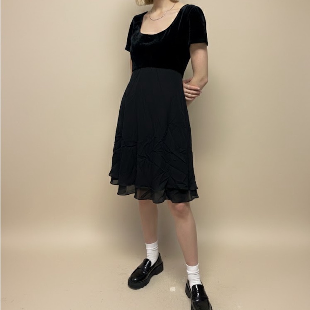 Vntg 90s Dress Velvet Chiffon Empire Waist Black‎ Whimsigoth Fairygrunge Size 10